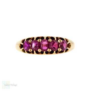 Victorian Five Stone Pink Spinel Ring, 15ct 15k Yellow Gold Graduated Band.