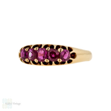 Victorian Five Stone Pink Spinel Ring, 15ct 15k Yellow Gold Graduated Band.