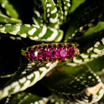 Victorian Five Stone Pink Spinel Ring, 15ct 15k Yellow Gold Graduated Band.