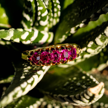 Victorian Five Stone Pink Spinel Ring, 15ct 15k Yellow Gold Graduated Band.