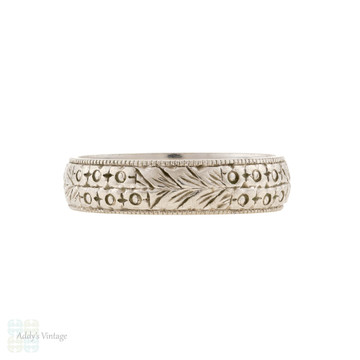 Floral Engraved Vintage Platinum Wedding Ring, Wide Ladies Band Size J.25 / 5.