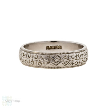 Floral Engraved Vintage Platinum Wedding Ring, Wide Ladies Band Size J.25 / 5.