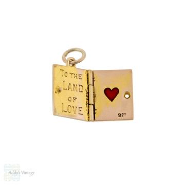 Vintage Enamel Passport 9ct Gold Pendant, 1940s Love Heart Charm.