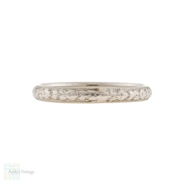 Antique Orange Blossom Engraved Platinum Wedding Band,  Flower Design Ring  Size M / 6.25.