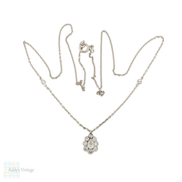Vintage Pear Shaped Diamond Cluster Necklace, Platinum Station Chain.