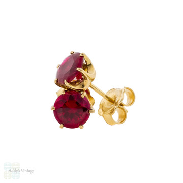 Synthetic Ruby 18ct Gold Stud Earrings, Antique Mounting with 6.5 mm Gems.