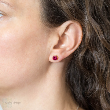 Synthetic Ruby 18ct Gold Stud Earrings, Antique Mounting with 6.5 mm Gems.