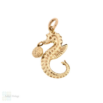 Seahorse with Split Pearl 9ct Rose Gold Charm, Antique Puffed Sea Creature Pendant.