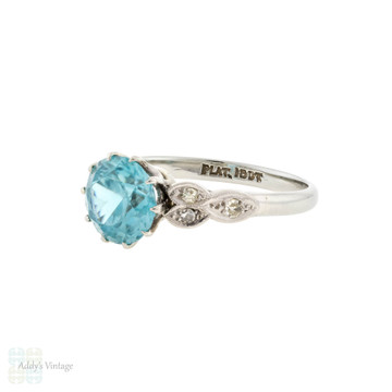 Vintage Blue Zircon & Diamond Ring, 18ct White Gold Leaf Setting Circa 1940s.