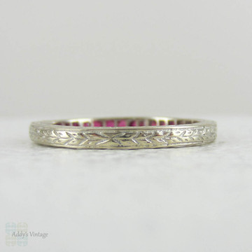 Vintage Ruby Half Hoop Wedding Ring in Engraved 18 Carat White Gold. French Cut Ruby Wedding Band.