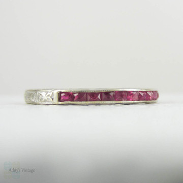 Vintage Ruby Half Hoop Wedding Ring in Engraved 18 Carat White Gold. French Cut Ruby Wedding Band.