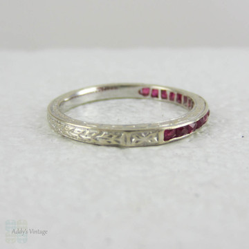Vintage Ruby Half Hoop Wedding Ring in Engraved 18 Carat White Gold. French Cut Ruby Wedding Band.