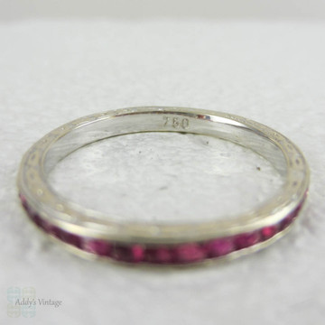 Vintage Ruby Half Hoop Wedding Ring in Engraved 18 Carat White Gold. French Cut Ruby Wedding Band.