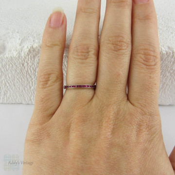 Vintage Ruby Half Hoop Wedding Ring in Engraved 18 Carat White Gold. French Cut Ruby Wedding Band.