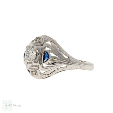 Old European Cut Filigree Engagement Ring, 18ct White Gold Art Deco Ring.