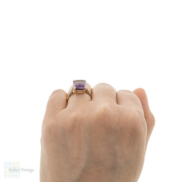 Amethyst & Diamond Engagement Ring, Vintage Step Cut Gem in 18ct Gold.