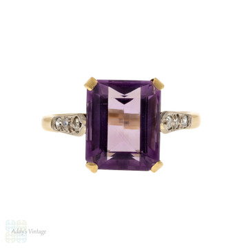 Amethyst & Diamond Engagement Ring, Vintage Step Cut Gem in 18ct Gold.