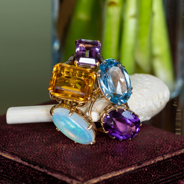 Amethyst & Diamond Engagement Ring, Vintage Step Cut Gem in 18ct Gold.