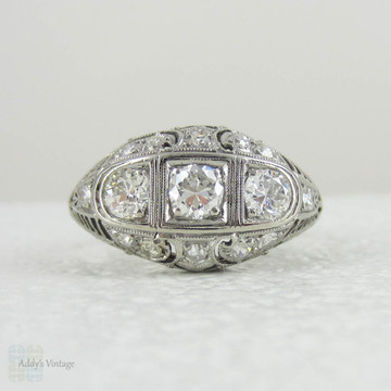 Art Deco Old European Cut Diamond Dinner Ring. Ornate Filigree Vintage Cocktail Ring in White Gold.