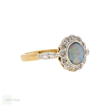 Edwardian Opal Ring with Diamond Halo, Antique 18ct & Plat Engagement Ring.