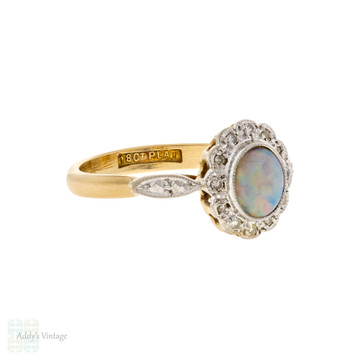 Edwardian Opal Ring with Diamond Halo, Antique 18ct & Plat Engagement Ring.