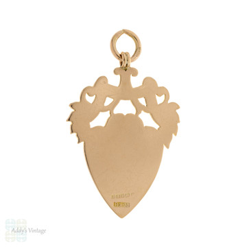 Edwardian 9ct Rose Gold Engraved  Floral Heart Fob Pendant JWW, 9g.