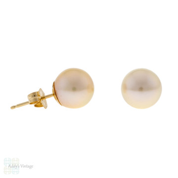 Cultured Pearl Stud Earrings, June Birthstone 14k Yellow Gold.