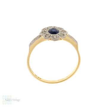 Art Deco Sapphire Engagement Ring with Diamond Halo, 18ct & PLAT.
