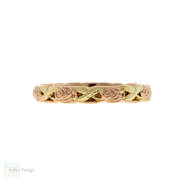 Vintage 14k Two Tone Rose Blossom Engraved Band by Artcarved, Size P.5 / 8.