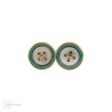 Mother of Pearl & Enamel 9ct 9k Gold Stud Earrings, Antique Conversion.