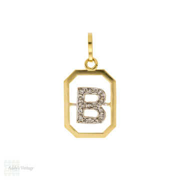 Vintage 18ct 18k Yellow Gold B Charm, Diamond Initial Pendant Circa 1970s.