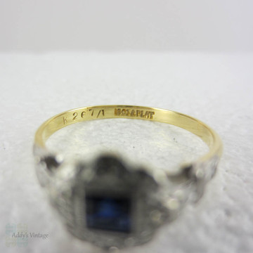 Art Deco Sapphire & Diamond Engagement Ring. Square Cut Blue Sapphire in Scalloped Edge Diamond Halo.