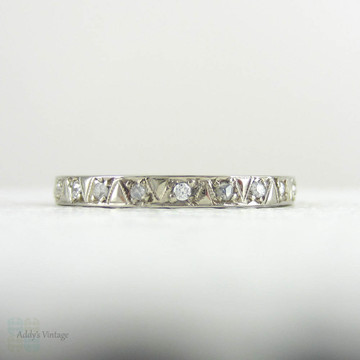Vintage Diamond Wedding Ring, Full Diamond Eternity in 18 Carat White Gold with Geometric Pattern & Engraved Sides.