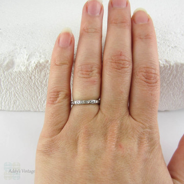 Vintage Diamond Wedding Ring, Full Diamond Eternity in 18 Carat White Gold with Geometric Pattern & Engraved Sides.