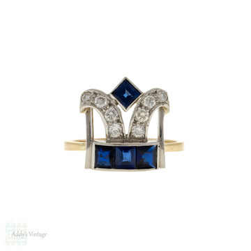 Sapphire & Diamond Tiara Crown Ring, Vintage Conversion Cocktail Ring 14k & Platinum.