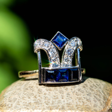 Sapphire & Diamond Tiara Crown Ring, Vintage Conversion Cocktail Ring 14k & Platinum.