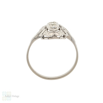 Art Filigree Deco Diamond Three Stone Cocktail Ring, 18ct 18k White Gold.