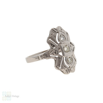 Art Filigree Deco Diamond Three Stone Cocktail Ring, 18ct 18k White Gold.