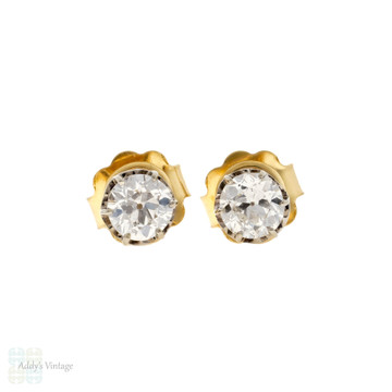 Old European Cut 0.80 ctw Diamond Stud Earrings, 18ct Two Tone Gold.