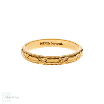 Vintage Floral Engraved 14k Yellow Gold ArtCarved Wedding Band, Size R.5 / 9.