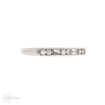 Vintage Platinum Half Hoop Baguette & Round Diamond Wedding Ring.
