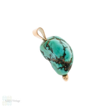 Antique Turquoise Nugget 9ct 9k Yellow Gold Pendant.