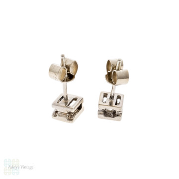 Square Shape Diamond Stud Earrings, Vintage 18ct White Gold 0.20ctw.