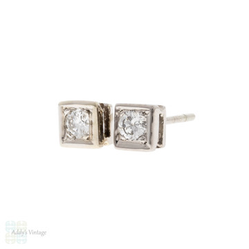 Square Shape Diamond Stud Earrings, Vintage 18ct White Gold 0.20ctw.