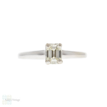 Vintage Emerald Cut Diamond Engagement Ring, Fluted 14k 14ct White Gold.