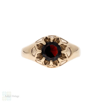 Garnet Single Stone Ring, Chunky Vintage 9ct Gold 1970s Band.