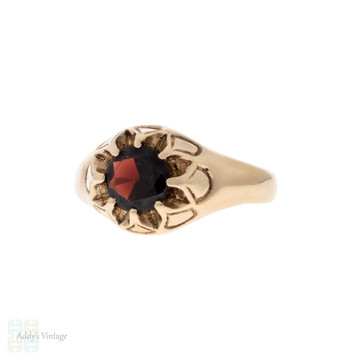 Garnet Single Stone Ring, Chunky Vintage 9ct Gold 1970s Band.