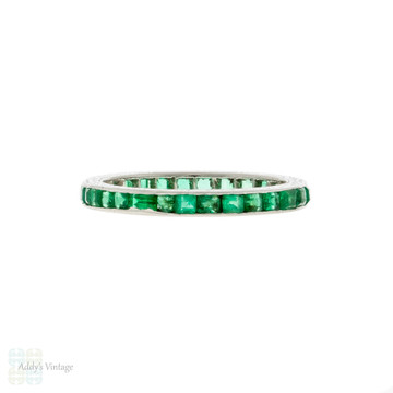 Antique Emerald Eternity Ring, Platinum Channel Set Band Size M / 6.25.