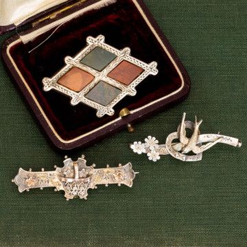 Antique Victorian Brooches, Set of 3 Sterling Silver Pins.