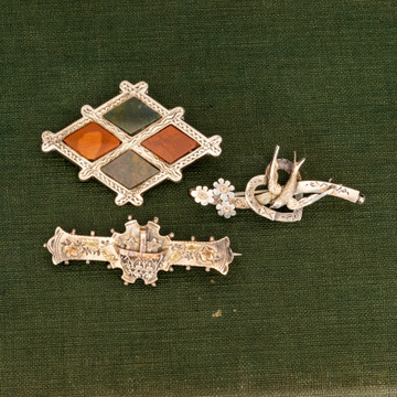 Antique Victorian Brooches, Set of 3 Sterling Silver Pins.